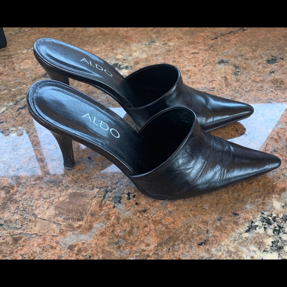 Black high heeled mules